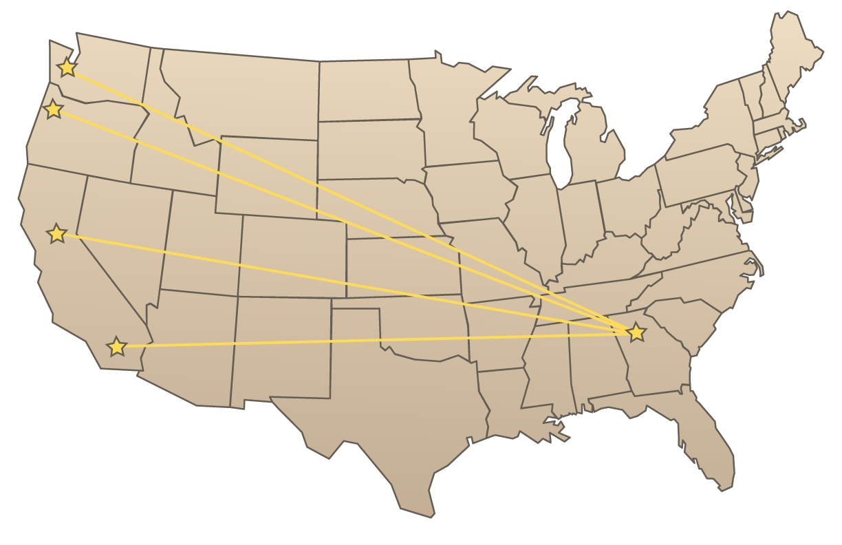 A map detailing the routes forWilliams Transportation LLC 's expedited team drivers.
